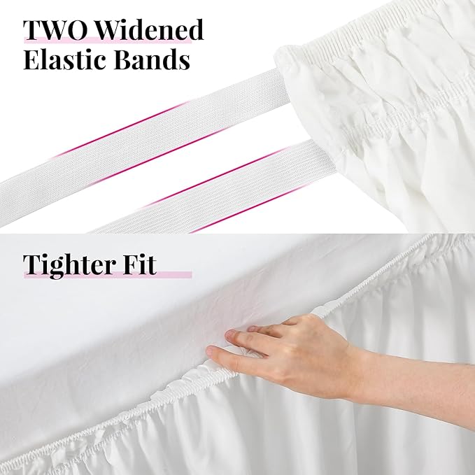RIMELA Dorm Bed Skirt Twin XL 18 Inch Drop, Extra Long Wrap Around Elastic Bed Skirts Easy to Put On Twin Size Dust Ruffle, White Bedskirt for Adjustable Bed Base Solid Silky Fabric Machine Washable