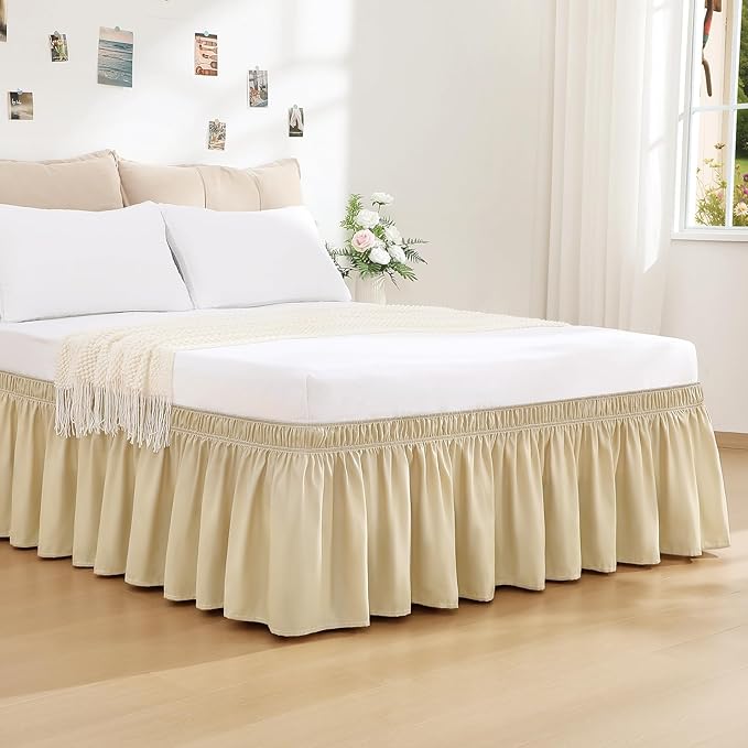 RIMELA Beige White Bed Skirt Queen Size 18 Inch Drop, Elastic Bed Skirting for Bed Base and Frame, Bedding Dust Ruffle Easy to Install, Lightweight Wrap Around Adjustable Bedskirt
