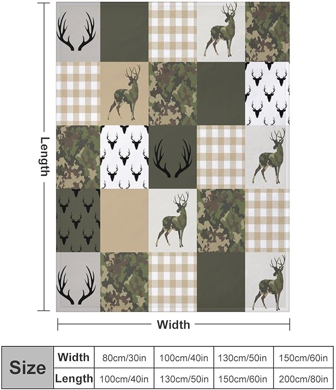 Camouflage Deer Blanket, Vintage Camo Green Beige Plaid Rustic Cabin Wildlife Hunting Blankets for Mens Room Bed Sofa, 60"x80"