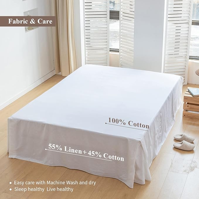 BISELINA French Linen Bed Skirt with Pleated Corner 18-Inch Tailored Drop Natural Flax Cotton Blend Basic Dust Ruffle Soft Cozy Farmhouse Bedding (18" Full, Basic White)
