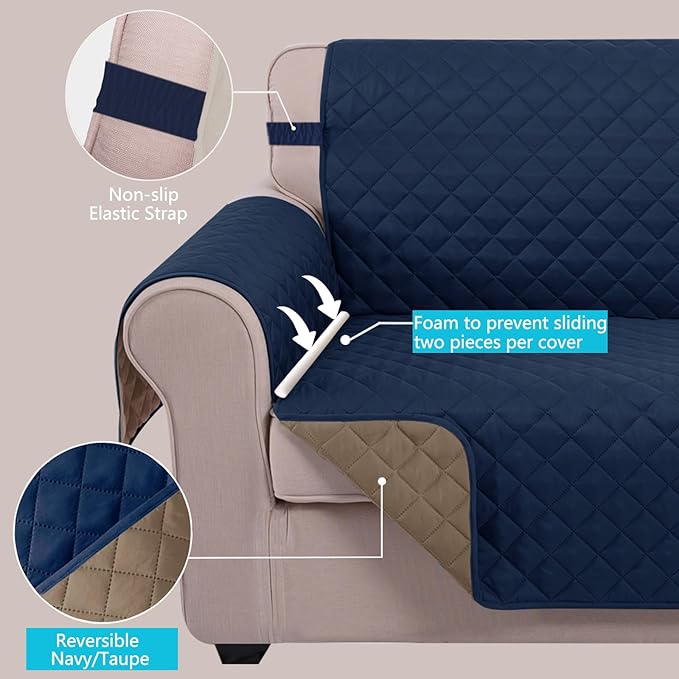 U-NICE HOME Recliner Chair Covers Reversible Chair Cover Pet Covers for Dogs with Elastic Straps Water Resistant Diamond Quilted (23''Recliner Small, Navy/Taupe)