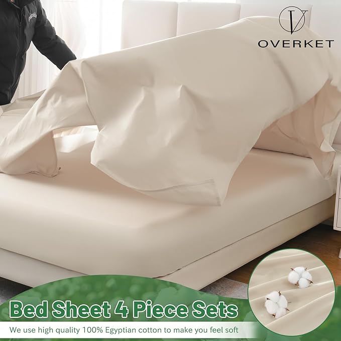 Egyptian Cotton Sheets Full Size 4PCS 1000 Thread Count Sateen Weave Soft Breathable 16-Inch Deep Pocket （Full,Linen）