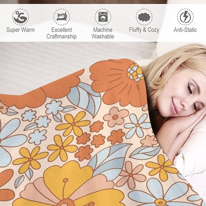 Retro 70s Floral Blanket, Hippie Summer Groovy Flower Power Flower Boho Print Throw Blanket for Couch Sofa Couch Chair 40"x50"