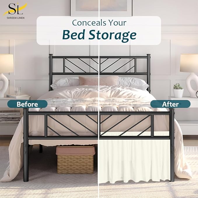 Shreem Linen Ruffled Bed Skirt with Split Corners, Gathered Style, 100% Microfiber, 8-Inch Drop, Dust Ruffle Bedskirt with Platform, Full-XL, Ivory