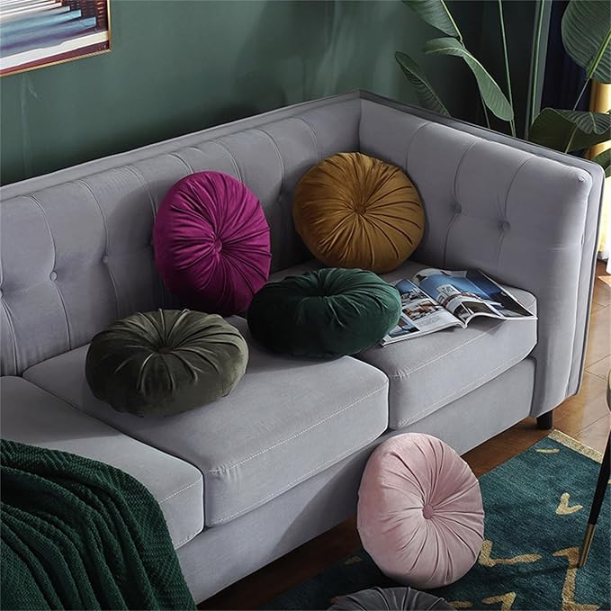 Round Throw Pillow Velvet Pumpkin Pleated Meditation Pillow Solid Color Home Decorative Throw Pillow Floor Cushion for Sofa Chair Living Room Decoration (Dark Green)