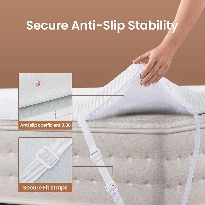 OhGeni 2 Inch Cooling Twin XL Gel Memory Foam Mattress Topper Pad,Washable Bed Cover with Anti-Slip Base,Zipper & Straps,Extra Comfort & Back Pain Relief, Medium Feel,College Dorm Room Essential