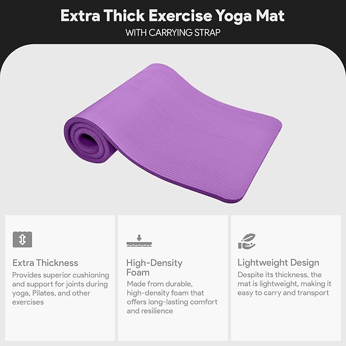 BalanceFrom GoCloud 71x24 Inches Extra Thick Yoga Mat 1-Inch High-Density Foam – Roll-Up Exercise Pad with Double-Sided Non-Slip Surface and Carrying Strap for Pilates and Home Workouts