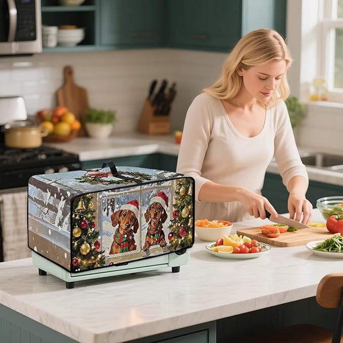 Convection Oven Dust Cover with Storage Pockets, Protective Smart Oven Cover for Kitchen Countertop for Christmas Holiday Party, M, 16.5 x 20.5 x 10 Inches, Dachshund Dog Christmas Tree