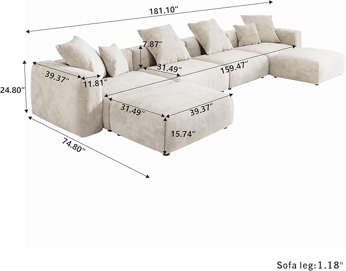 JACH 181" Oversized Modular Sectional Sofa, U-Shaped Deep 4-Seats Sectional Couch with Chaise Ottomans, Huge Plus Convertible Soft Sofas, Corduroy Minimalist Couches for Living Room, Apartment, Beige