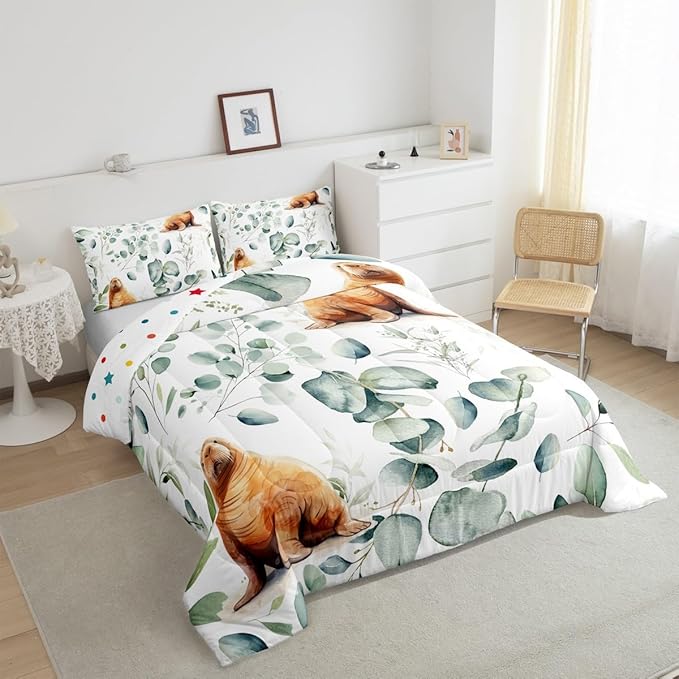 Erosebridal Cartoon Seal King Comforter Set Toddler Ocean Wildlife Bedding Set King, Spring Plant Bedding Comforter Sets Eucalyptus Leaf Duvet Set, Sea Animal Theme Quilted Comforter Kids Room Decor