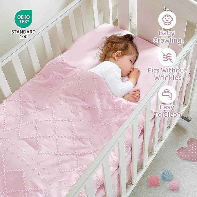 Wowelife Boho Mini Crib Bedding Set for Girls, 3 Piece Tufted Jacquard Ruffle Fringe Baby Girl Crib Bedding Set Newborn, Infant & Nursery with Comforter, Crib Fitted Sheet and Crib Skirt, Pink