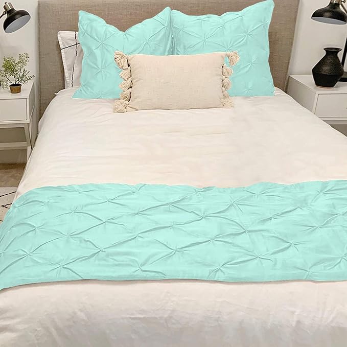 Bed Runner Set - 100% Pure Cotton 800 Thread Count - Luxury 1 Pinch Pleated Bed Runner and 2 Pillow Cover - 3 Piece Pinch Pleated Bed Runner Set King, Aqua