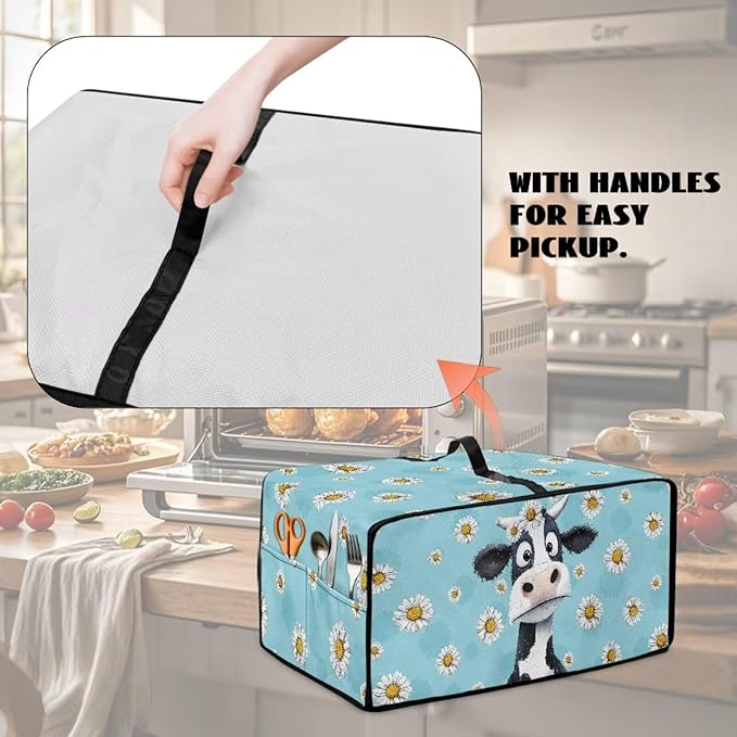Air Fryer Toaster Oven Dust Cover with Side Pockets, Protective Smart Oven Cover for Kitchen Countertop Decorations, M, 16.5 x 20.5 x 10 Inches, Cow Daisy Light Blue