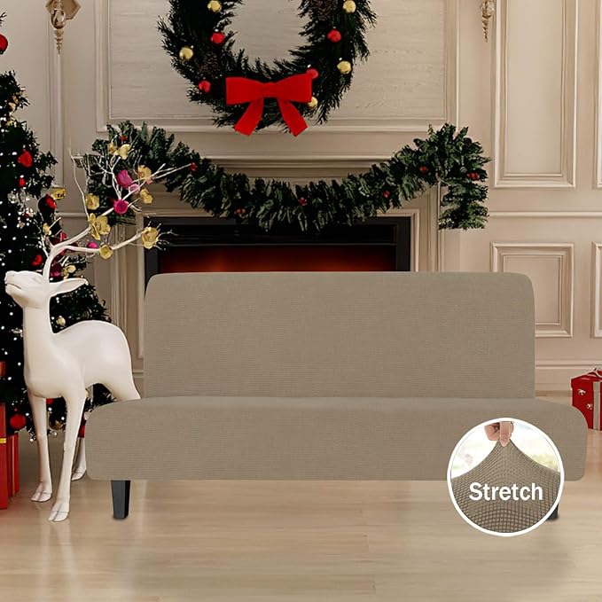 Easy-Going Stretch Futon Slipcover Armless Futon Bed Cover Furniture Protector Without Armrests with Elastic Bottom for Kids, Soft Jacquard Fabric Small Checks (Large, Natural)