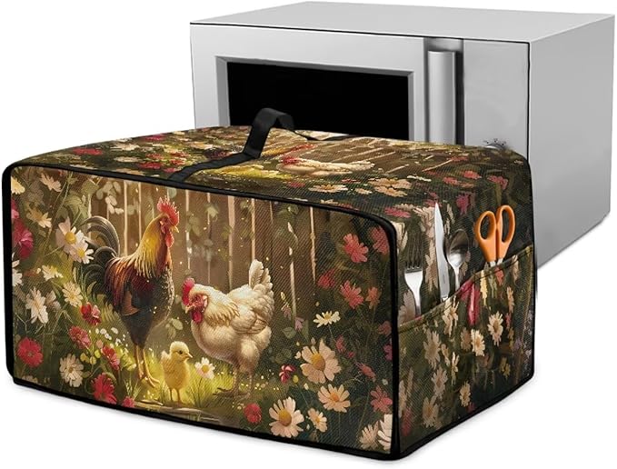 Air Fryer Toaster Oven Dust Cover with Side Pockets, Protective Countertop Microwave Oven Cover for Home Indoor Decor, M, 16.5 x 20.5 x 10 Inches, Rooster Chicken Daisy Print