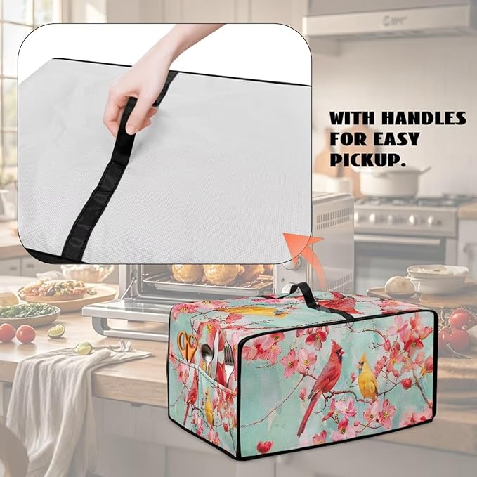 Cardinal Cherry Blossom Print Microwave Oven Cover Waterproof Dust-Proof Microwave Toaster Oven Cover with Storage Bags Universal Washable Decor Accessories for Kitchen, S