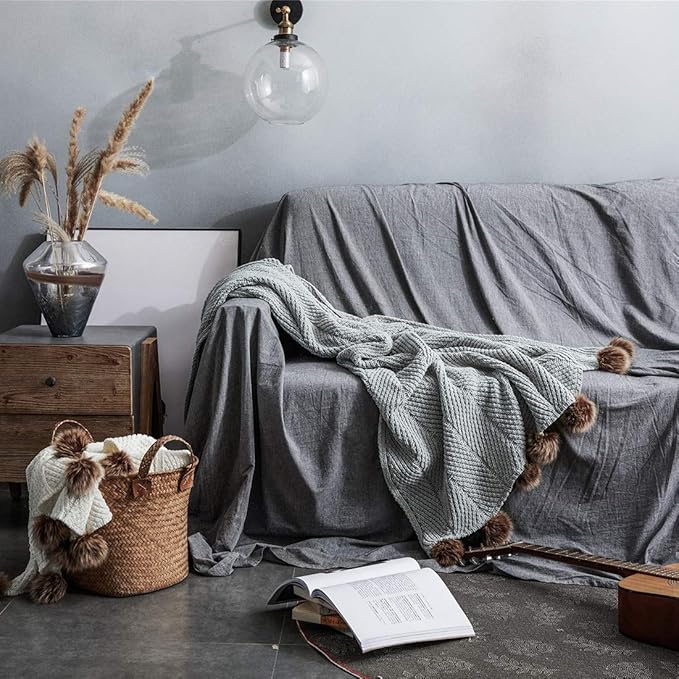 vctops Fur Pom Pom Knit Throw Blanket Super Soft Warm Cozy Cable Knitted Blanket for Sofa and Couch 51 x 63 Inch Light Grey