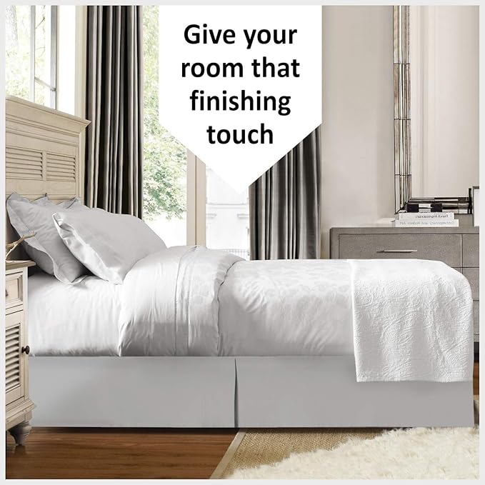 Bed Skirt - 100% Cotton 800 Thread Count Box Pleated Bed Skirt - Luxury Pleated Dust Ruffle, Hotel Quality Modern Bed Skirt, Easy Fit with 12 Inch Tailored Drop, Twin XXL, Light Grey