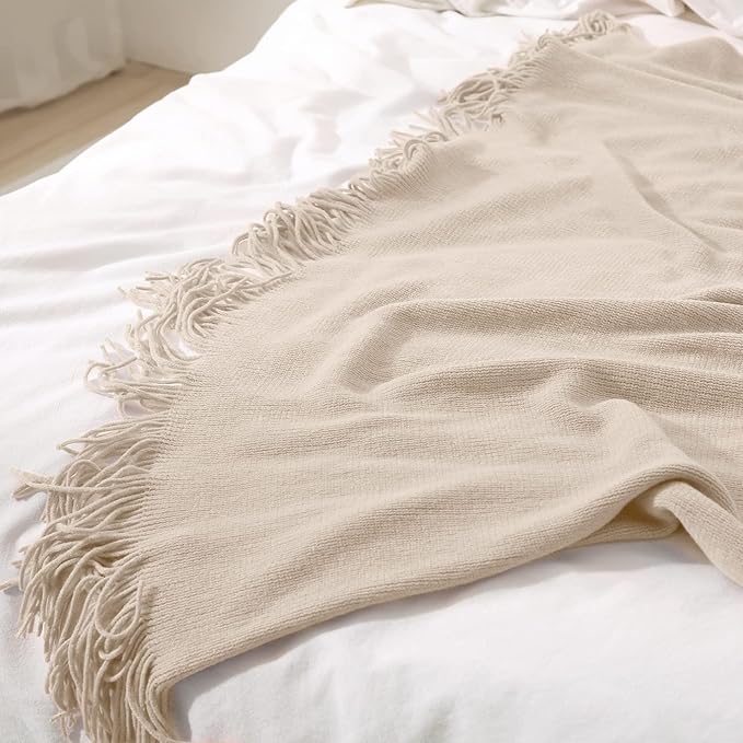 Homiest Decorative Knitted Throw Blanket with Fringe, Lightweight Acrylic Knit, Soft & Cozy Tassel Blanket for Couch, Sofa, Bed (Light Beige, 50 x 60 Inch)