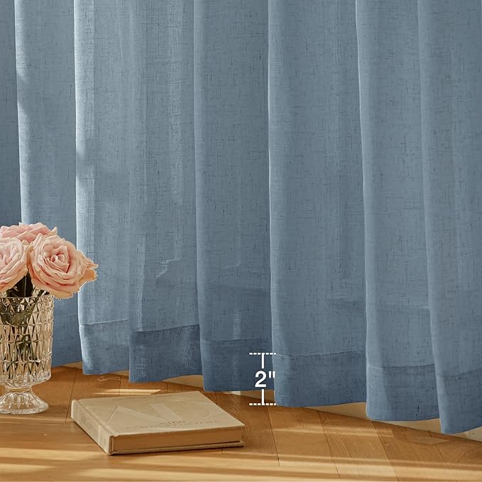 Anmao Natural Linen Curtains for Living Room 84 Inch Length 2 Panels Set, Light Filtering Semi Sheer Window Curtain Drapes for Bedroom with Curtain Rings and Clips, 52 Inch Wide Each Panel, Haze Blue