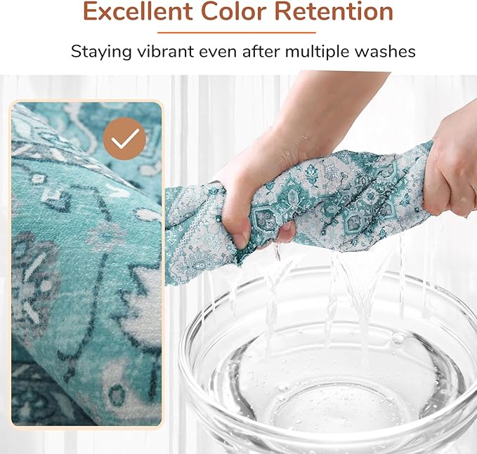 OPPODREAM Thin Area Rugs 9x12 Living Room, Washable Rugs 9x12 with Non Slip Backing, Faux Cashmere Low-Pile 9 x 12 Carpet, Teal & Turquoise & Cream