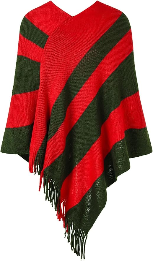 Ferand Women's Striped Poncho Sweater Cozy Knit Fringe Shawl Wraps for Fall Winter