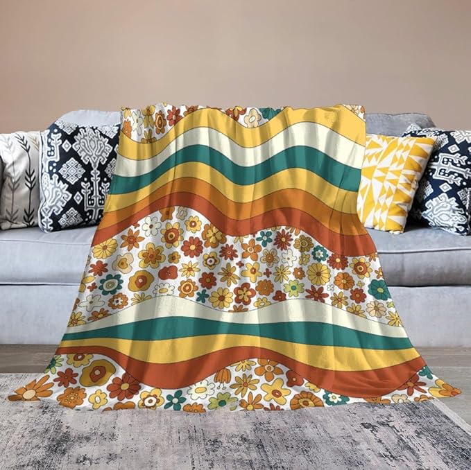 70s Retro Floral Throw Blanket, Boho Groovy Wavy Geometric Hippie Cute Flowers Yellow Orange Abstract Print Blanket for Holiday Theme Home Decor Bedding Couch and Gift 50"x60"