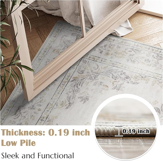 jinchan Vintage Floral Runner Rug 2x6 - Machine Washable Distressed Design Non-Slip Low-Pile Soft Thin Carpet for Hallway Kitchen Farmhouse Bedroom Entryway Laundry Room (2x6ft, Light Grey)