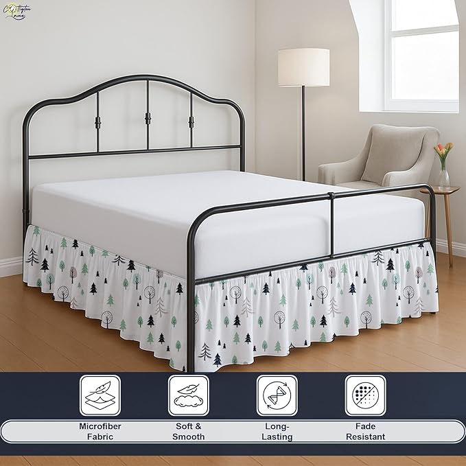 Cottington Lane Ruffled Bed Skirt King Size with Split Corner, Brushed Microfiber Hotel Quality Dust Ruffle, 15 Inch Drop Gathered Bedskirt, Soft, Stylish, Shrink & Fade Resistant, Winter Forest