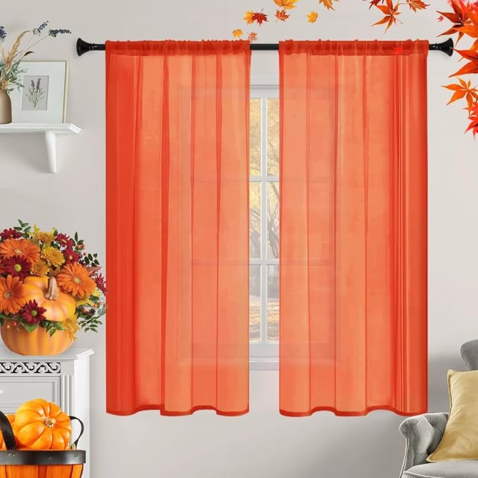 Sheer Curtains 63 Inches Long 2 Panels, Rod Pocket Short Curtain for Kitchen, Bedroom, Cafe Window(Burnt Orange 38" W x 63" L)