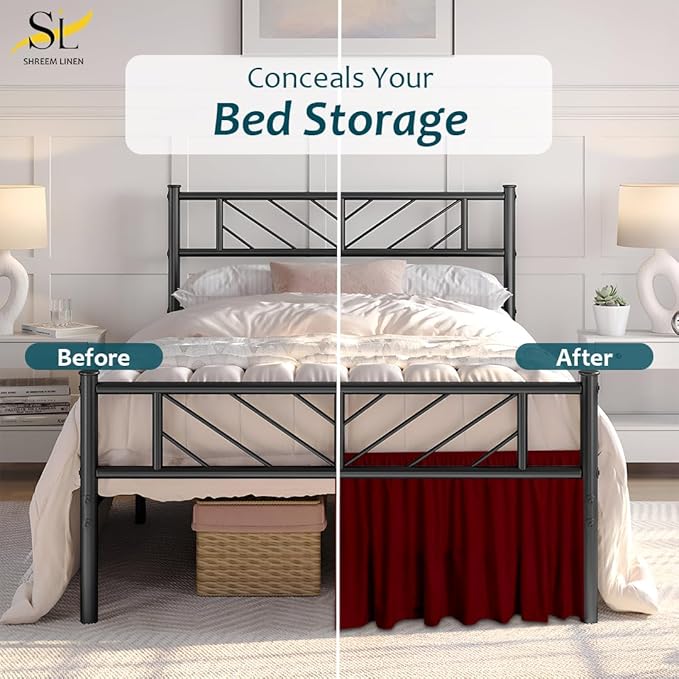 Shreem Linen Ruffled Bed Skirt with Split Corners, Gathered Style, 100% Microfiber, 12-Inch Drop, Dust Ruffle Bedskirt with Platform, Twin, Burgundy