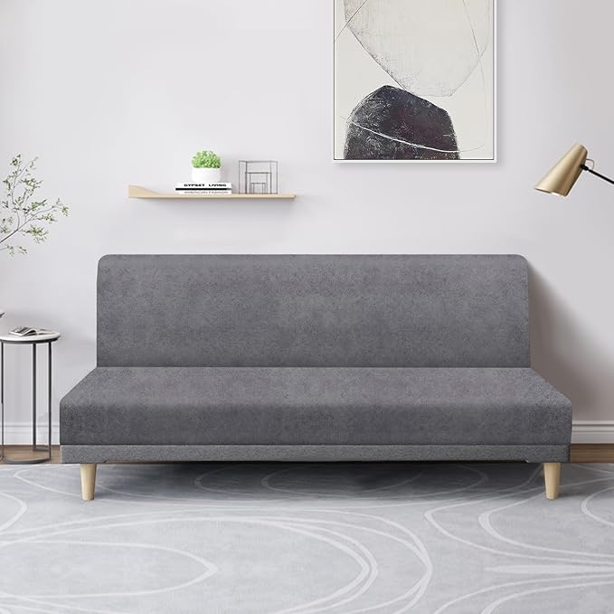 molasofa Leather Like Stretch Futon Slipcover Armless Futon Bed Sofa Cover Furniture Protector with Elastic Bottom, Soft and Washable Futon Cover for Sofa Bed Stay in Place（Medium，Light Grey）