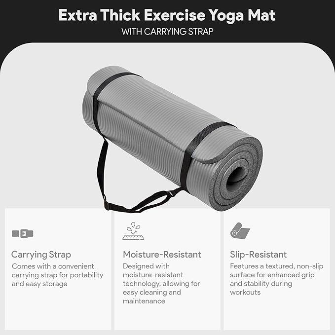 BalanceFrom GoCloud 71x24 Inches Extra Thick Yoga Mat 1-Inch High-Density Foam – Roll-Up Exercise Pad with Double-Sided Non-Slip Surface and Carrying Strap for Pilates and Home Workouts