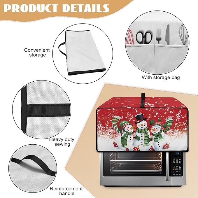 Christmas Convection Toaster Oven Cover with Pockets, Holiday Decor Smart Microwave Baking Oven Dust Cover for Countertop, M, 16.5 x 20.5 x 10 Inches, Snowman Musical Note Red