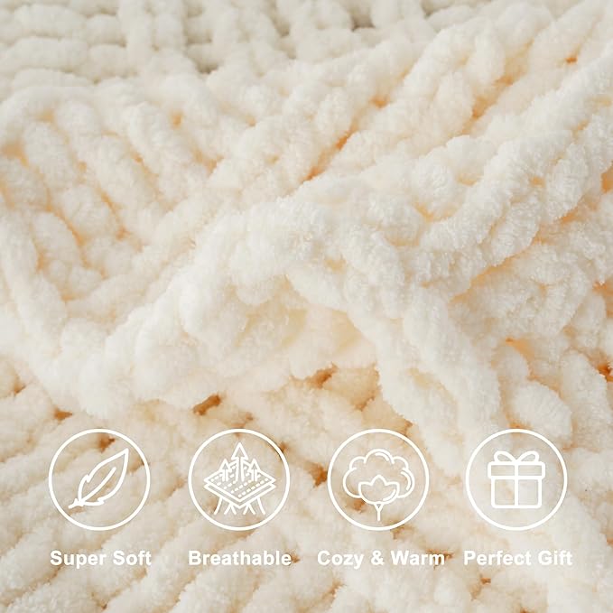 Battilo Cream Chunky Knit Throw Blanket for Couch, Super Soft Chenille Throw Blanket Cozy Warm Thick Ivory White Cable Knitted Blanket for Sofa, Bed, Living Room, 50"x60"