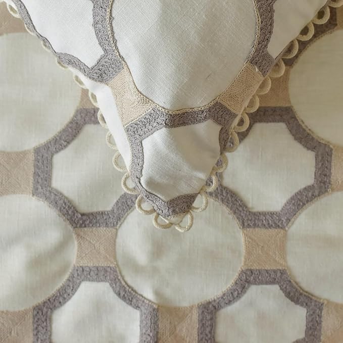 The HomeCentric King/Queen/Twin White, Beige & Grey Decorative CA King 86"x18" Bed Runner Without Pillow Cover, Embroidered, Bouclet & Lace Bed Scarf on Cotton Fabric - Threaded Geometry