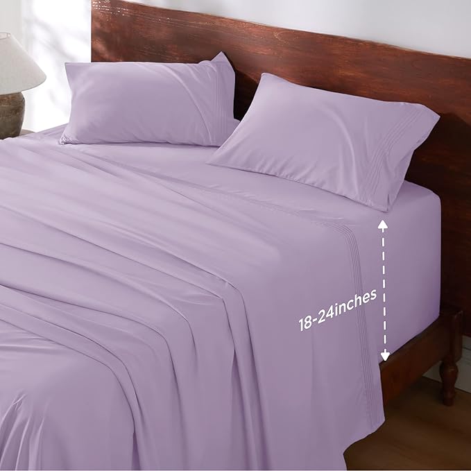 Bedsure Deep Pocket Twin Sheets Set - Fits Mattresses Up to 21 Inches Thick -3 Piece GentleSoft Bed Sheets, Moisture Wicking, Soft & Cooling Bedsheet & Pillowcases, Easy & Secure Fit, Light Purple