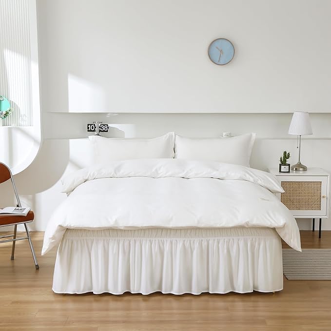 MEILA Wrap Around Bed Skirt Three Fabric Sides Elastic Dust Ruffled 14 Inch Tailored Drop,Easy to Install Fade Resistant-Natural White, Queen/King