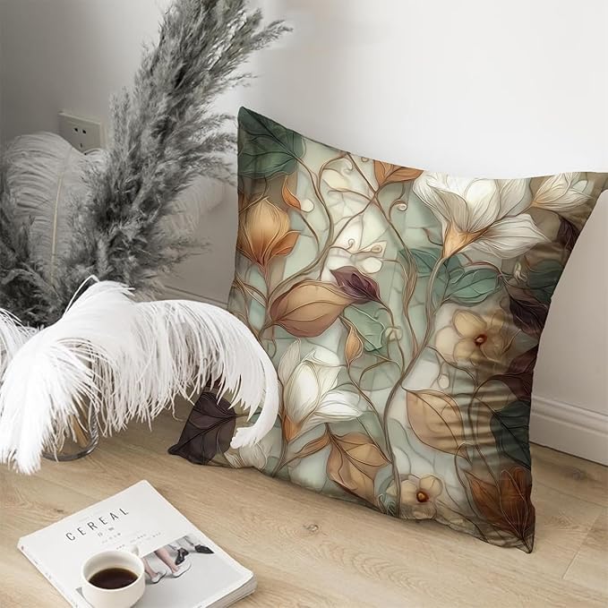 Vintage Floral Throw Pillow Covers, Vintage Flower Pattern Double Sided Cushion Cover, Indoor and Outdoor Home Art Decor Pillowcase for Sofa or Bedroom Decor 18x18inches (Flower&Leaves, 18x18inches)