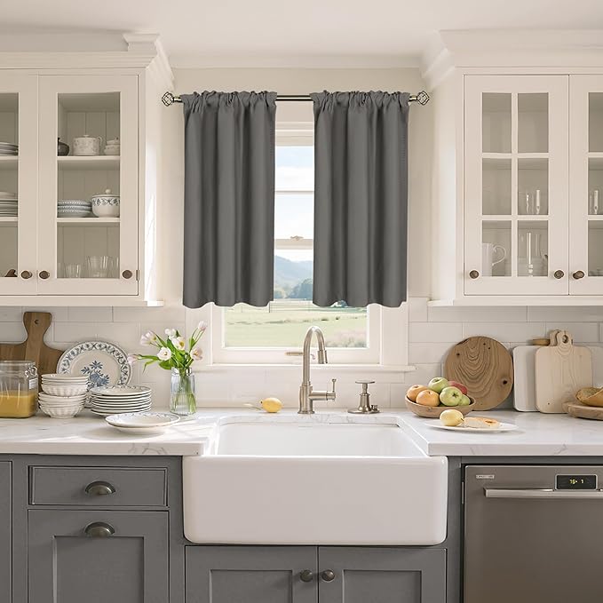 BGment Short Blackout Curtains 40 Inches Length for Bedroom - Rod Pocket Thermal Insulated Room Darkening Window Curtain for Kitchen Cafe, 34 x 40 Inch, 2 Panels, Grey