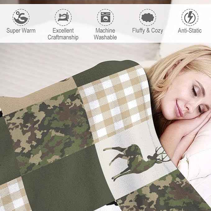 Camouflage Deer Blanket, Vintage Camo Green Beige Plaid Rustic Cabin Wildlife Hunting Blankets for Mens Room Bed Sofa, 50"x60"