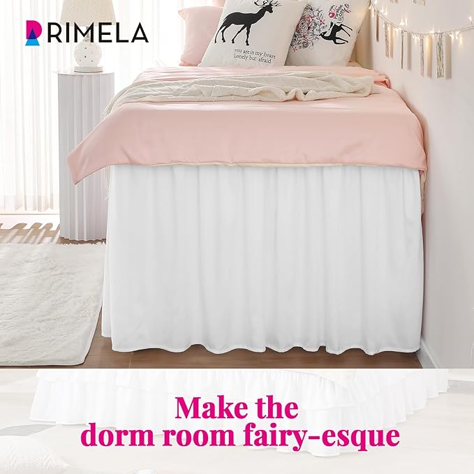 RIMELA Dorm Bed Skirt Twin XL 32 Inch Drop, Easy to Install Extra Long Wrap Around Elastic Dust Ruffle, White Bedskirt Solid Silky Fabric Machine Washable, Bedroom Decor