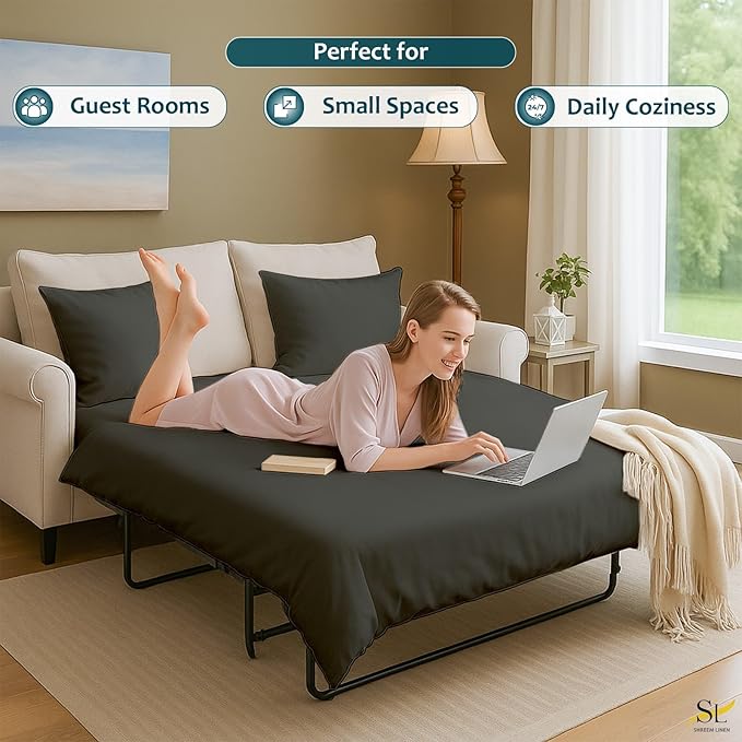 Luxury Queen Sleeper Sofa Bed Sheet Set,100% Egyptian Cotton, 338 Thread Count, Queen Size (60 x74 +6 Inch Deep Pocket) Soft and Light Weight 4pcs Sofa Set (Dark Grey Solid)