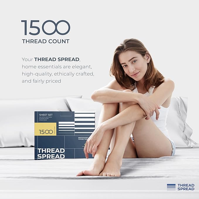 THREAD SPREAD 100% Egyptian Cotton Split King Sheets Sets for Adjustable Bed - Luxury 1500 Thread Count Split Top King Sheets (5 PC, White), Silky Soft, Cooling, Sateen Weave 17" Deep Pocket Sheet Set