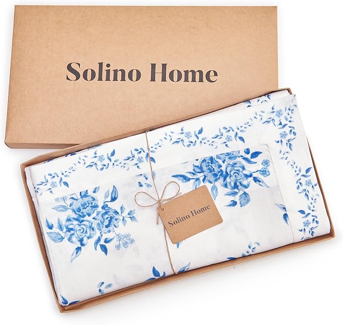 Solino Home Blue Floral Print Table Runner 36 inch - 100% Pure Linen Table Runner 14 x 36 Inch - Handcrafted and Machine Washable - Jolie Fleur Print