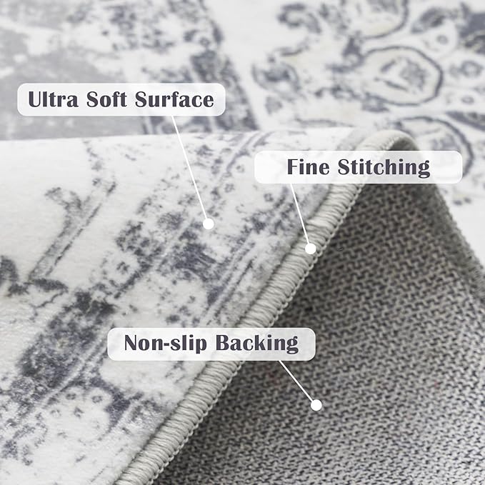 jinchan Fiora Round Rug 4ft Area Rug - Indoor Vintage Hallway Circle 4' Washable - Ultra-Thin Low Pile Soft Small Non Slip Distressed Floral Print for Living Room Dining Room Bedroom Entryway Grey