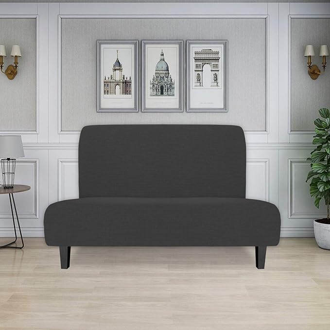 Easy-Going Stretch Futon Slipcover Armless Futon Bed Cover Furniture Protector Without Armrests with Elastic Bottom for Kids, Soft Jacquard Fabric Small Checks (Medium, Dark Gray)