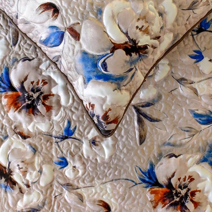 The HomeCentric King/Queen/Twin Ivory Luxury CA King 86"x18" Bed Runner with One Pillow Cover, Floral, Quilted Bed Scarf on Satin Fabric - Floral Harmony