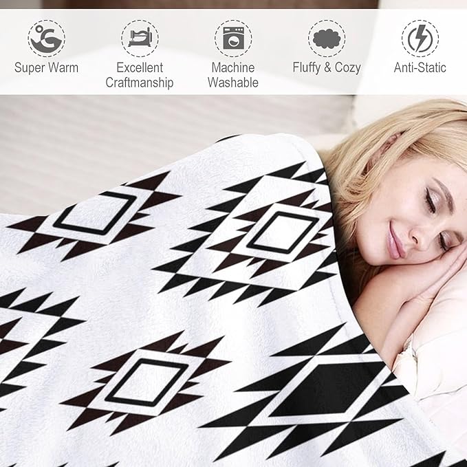 Boho Throw Blanket, Black and White Native Blankets, Vintage Tribal Aztec Printed Flannel Blanket for Chair Bed Sofa Couch 60"x80"