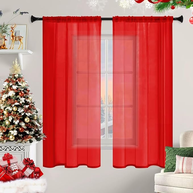 Sheer Curtains 54 Inches Long 2 Panels, Rod Pocket Short Curtain for Kitchen, Bedroom, Cafe Window(Red 38" W x 54" L)